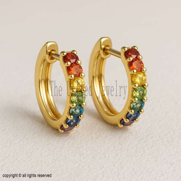 925 Sterling Silver Rainbow Hoop Earrings | Gold Plated Gemstone Huggie Hoops
