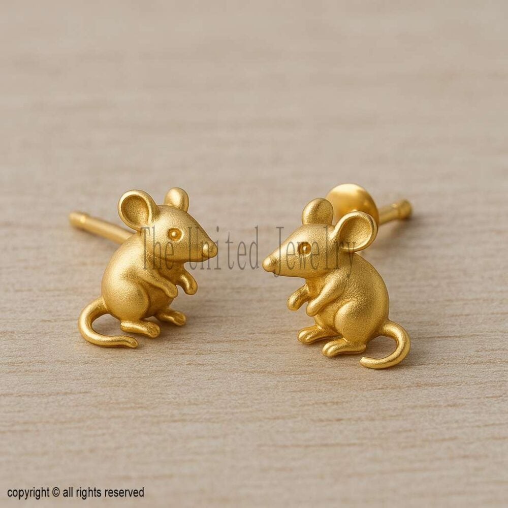 Gold Plated Sterling Silver Mouse Stud Earrings: Lucky Zodiac Jewelry