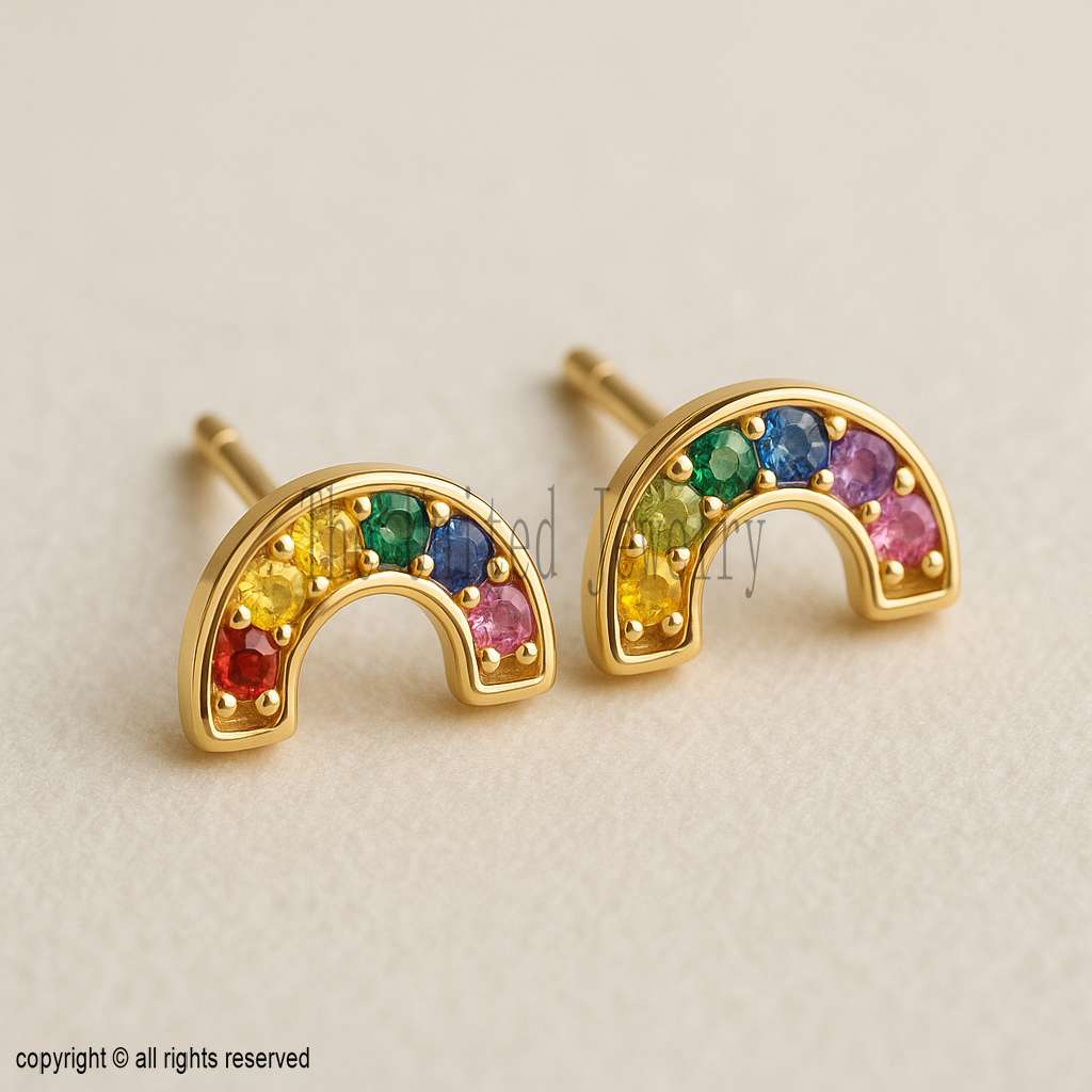Rainbow Stud Earrings: Gold Plated 925 Sterling Silver Gemstone Jewelry
