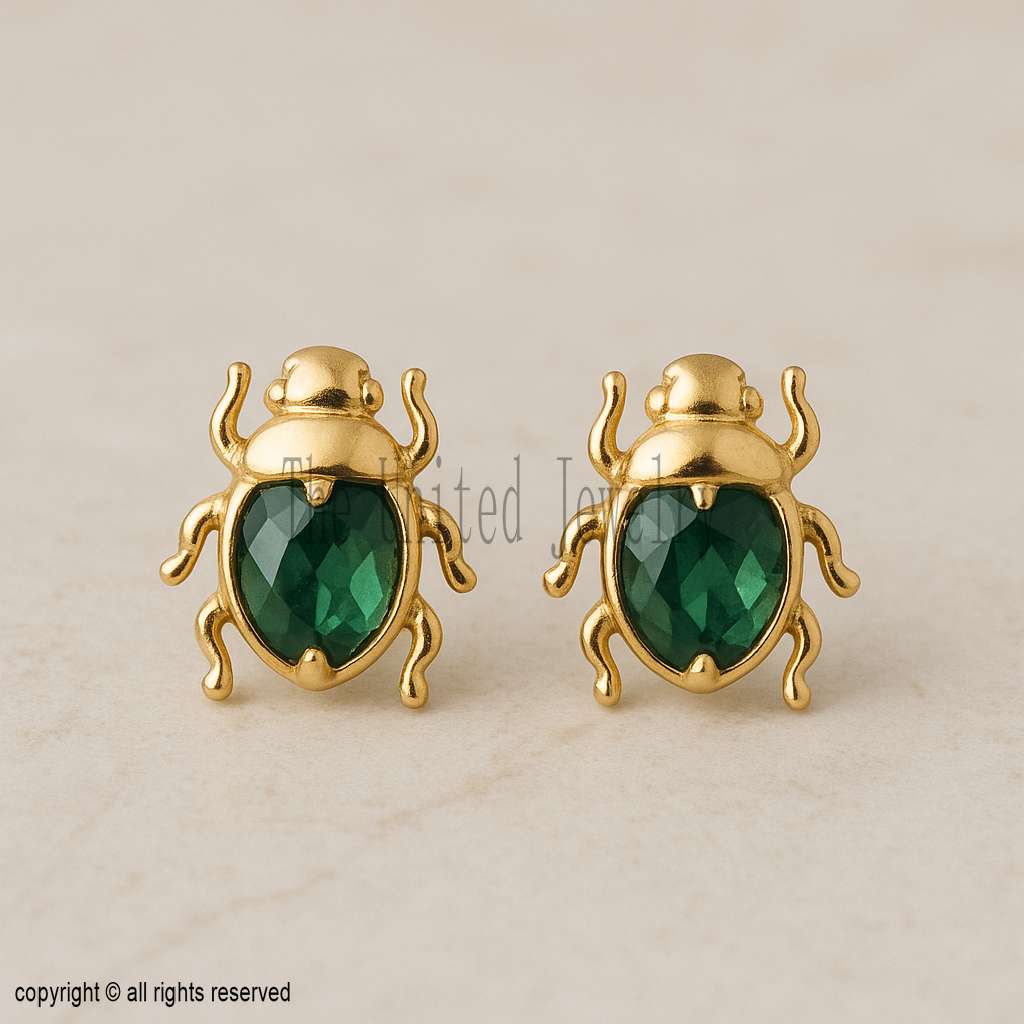 Gold Plated Sterling Silver Beetle Stud Earrings - Green Gemstone Bug Jewelry