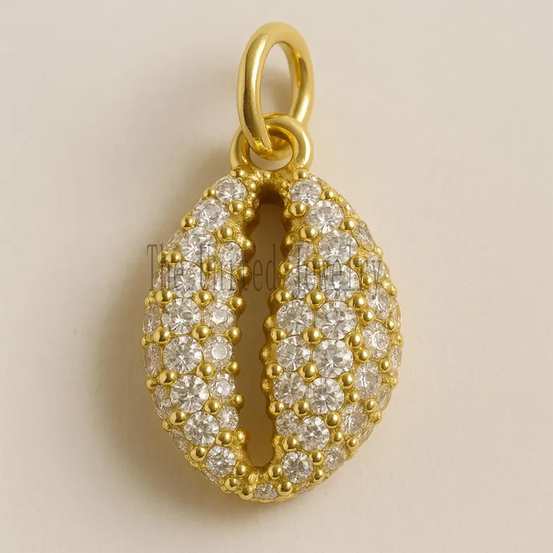 Pave Diamond Cowrie Shell Pendant: Sterling Silver Boho Necklace