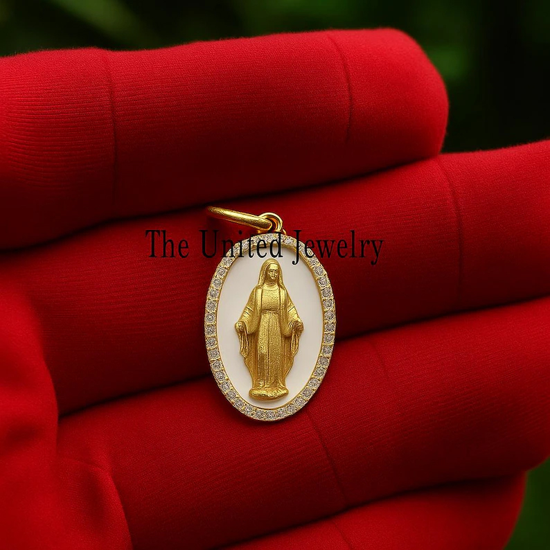 Handmade 925 Sterling Silver Enamel Virgin Mary Diamond Pendant Charm Necklace Jewelry