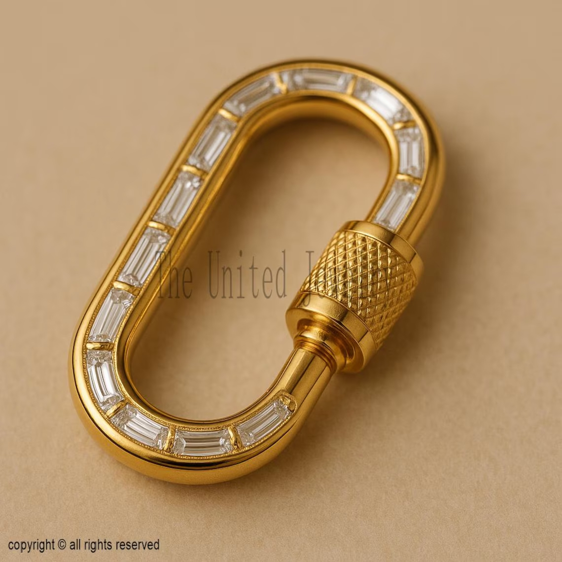 Baguette CZ Carabiner Lock: 18K Gold Plated Sterling Silver Charm Clasp
