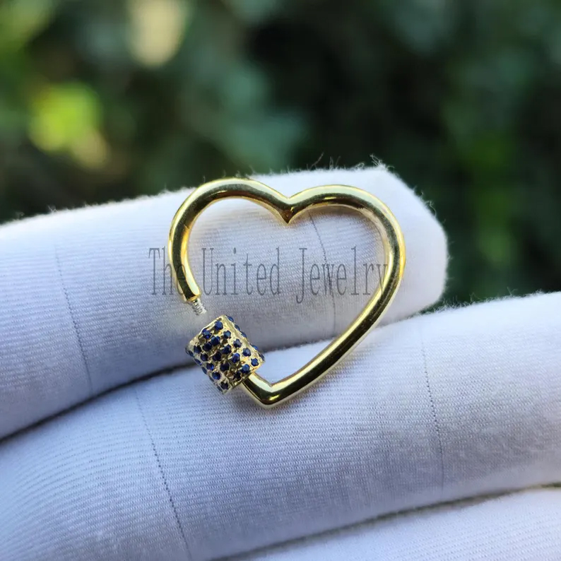 Yellow Gold Plating Handmade Blue Sapphire Heart Shape Carabiner Clasp Lock Jewelry