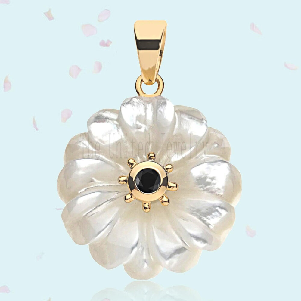 Pearl Flower Carved Handmade Black Onyx Charm Pendant Jewelry 925 Sterling Silver