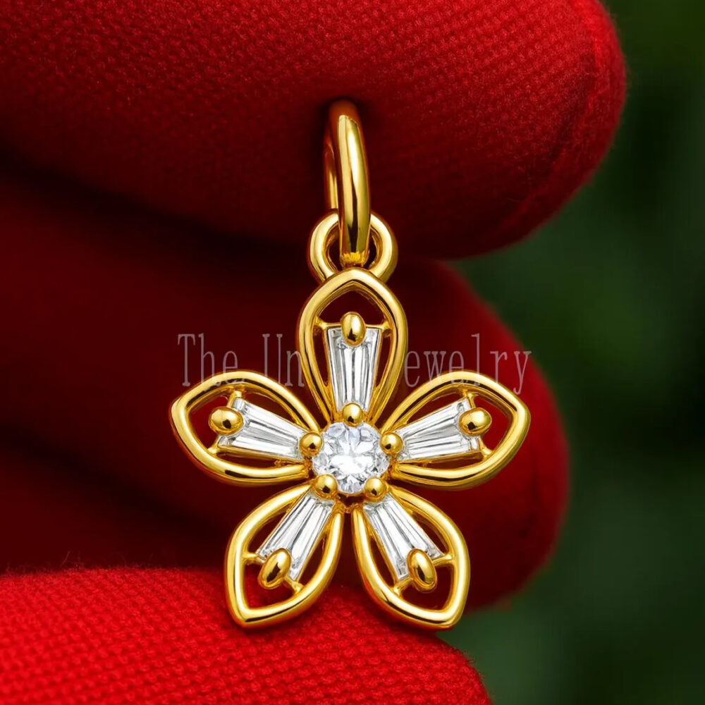Gold Plated 925 Sterling Silver Flower Pendant • Baguette CZ Petals • Delicate Floral Charm
