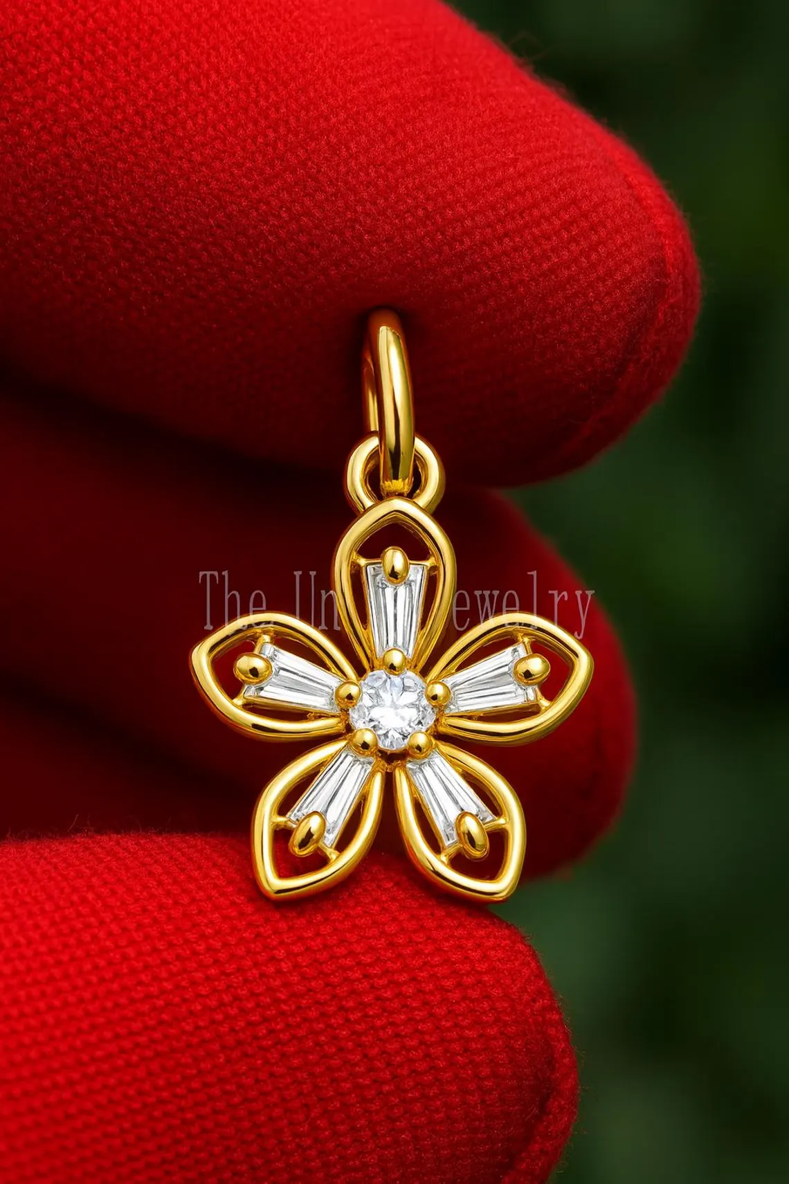 Gold Plated 925 Sterling Silver Flower Pendant • Baguette CZ Petals • Delicate Floral Charm