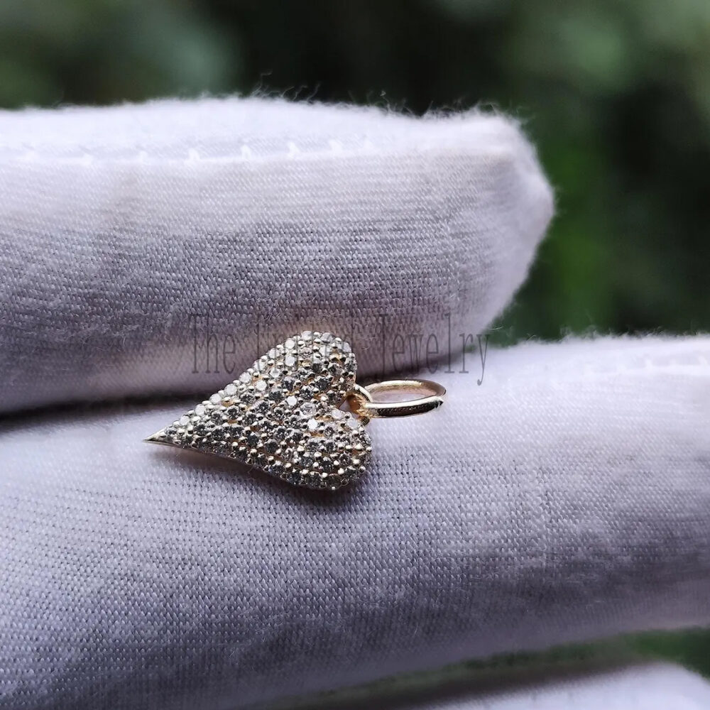 Handmade 14K Gold With Pave Diamond Heart Charm Pendant Jewelry