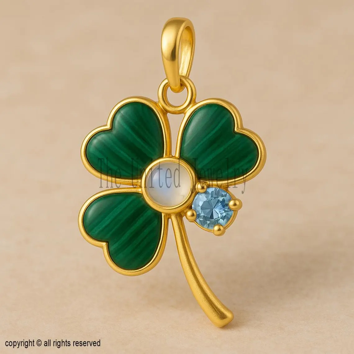 Handmade Gold Plated Sterling Silver Clover Pendant: Malachite & Blue Topaz