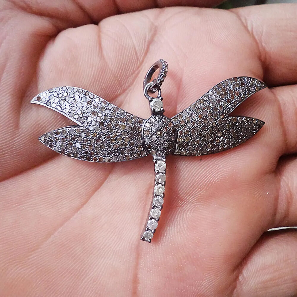 Sterling Silver Pave Diamond Dragonfly Pendant - 40mm