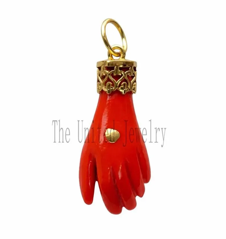 925 Sterling Silver Coral Gemstone Handmade Figa Hand Charm Pendant Jewelry