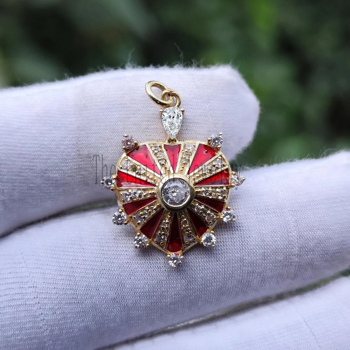 Gold Plated Sterling Silver Red Enamel Heart Pendant: Cubic Zirconia