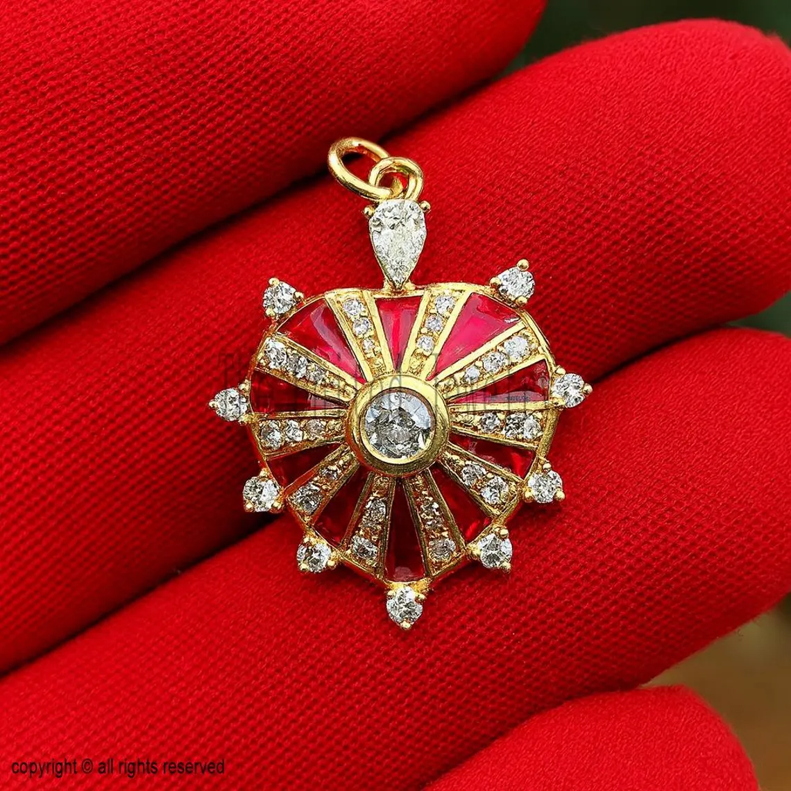 Gold Plated Sterling Silver Red Enamel Heart Pendant: Cubic Zirconia