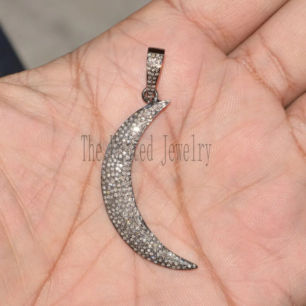 Natural Pave Diamond Handmade Half Moon Pendant 925 Sterling Silver Jewelry