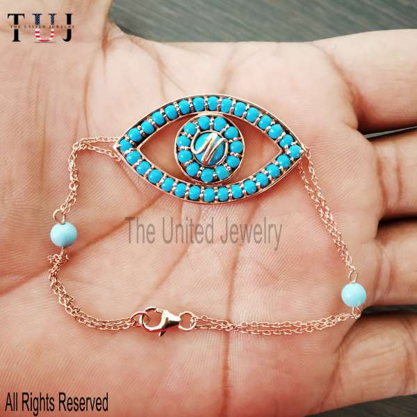 Turquoise Evil Eye Bracelet – Rose Gold Plated 925 Sterling Silver, Protection Jewelry, Adjustable Chain