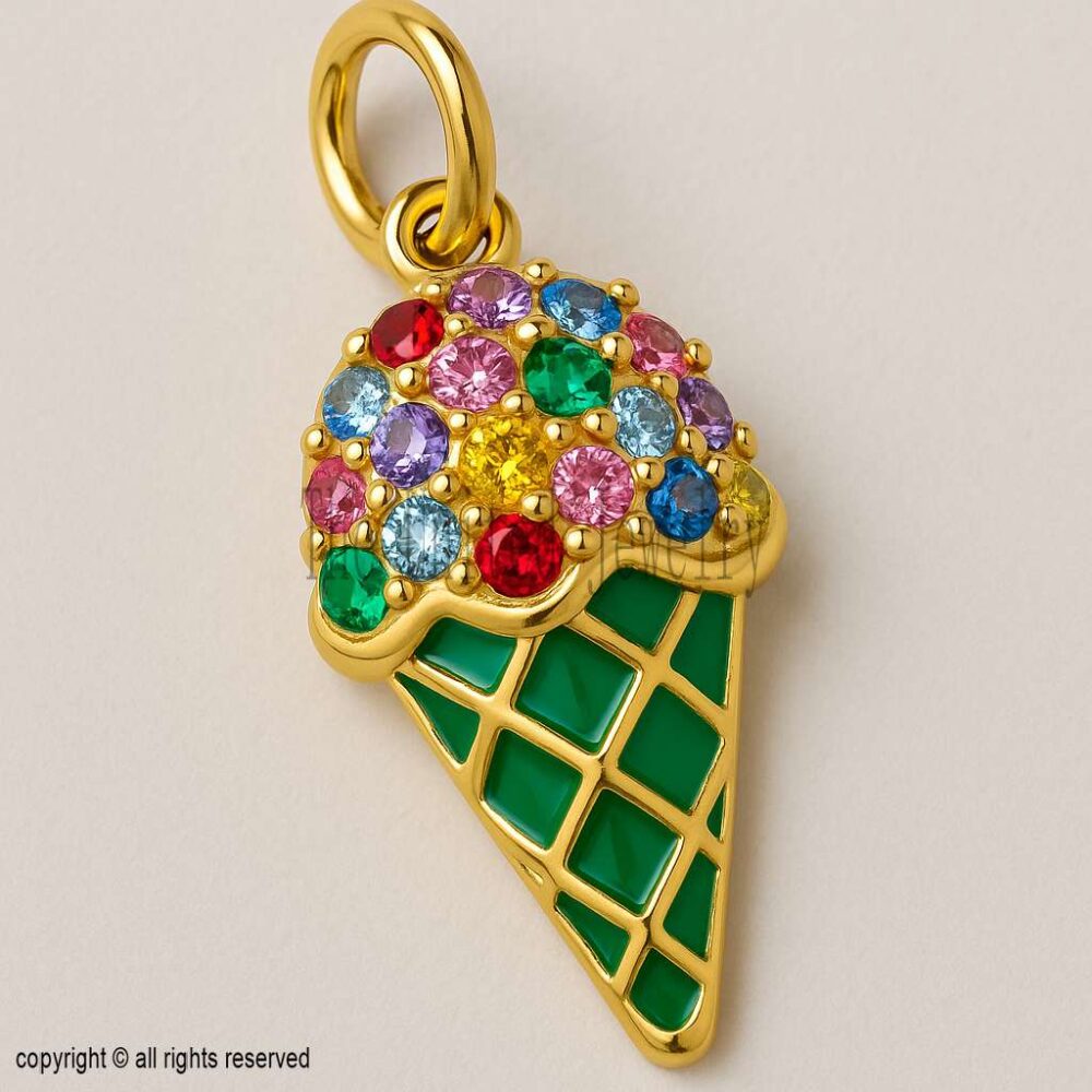 Rainbow Gemstone Ice Cream Cone Pendant – 18K Gold Plated Sterling Silver