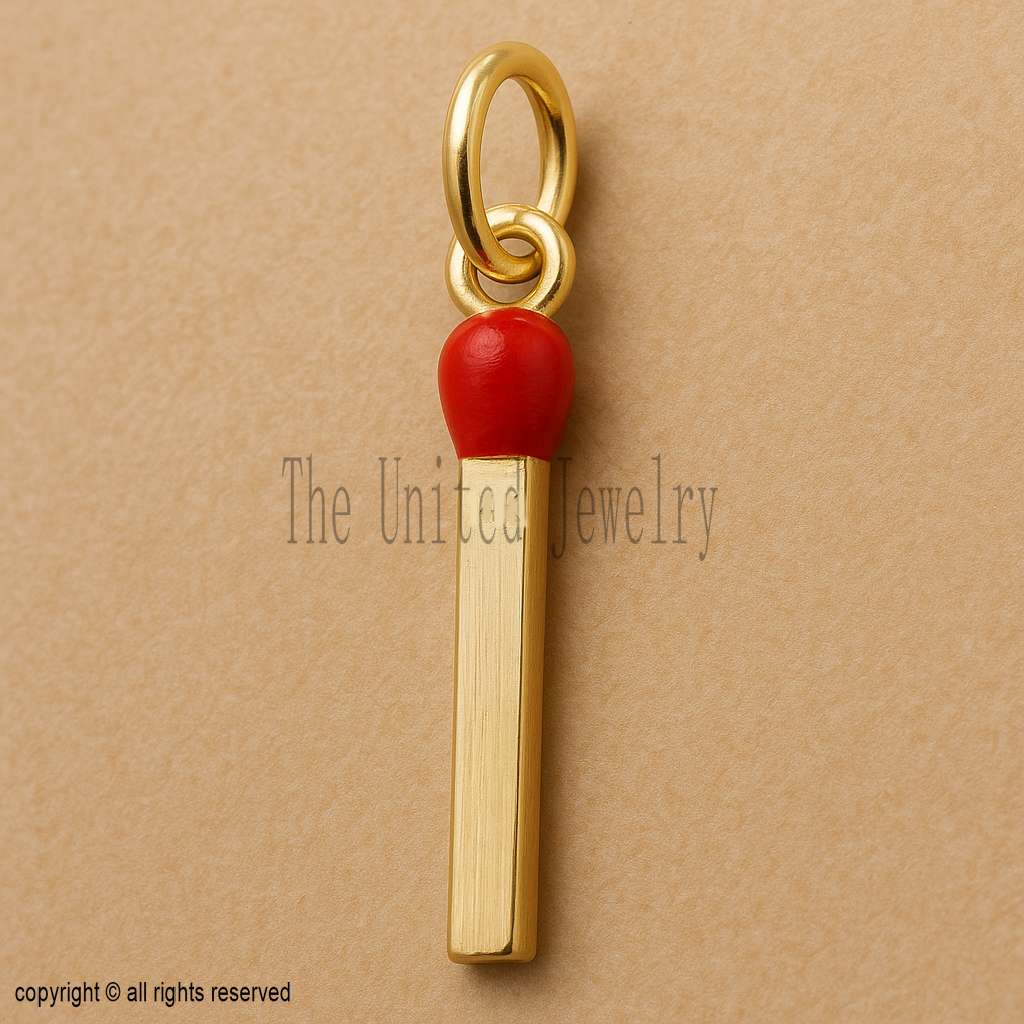 925 Sterling Silver Enamel Matchstick Pendant | Gold Plated Red Match Stick Charm