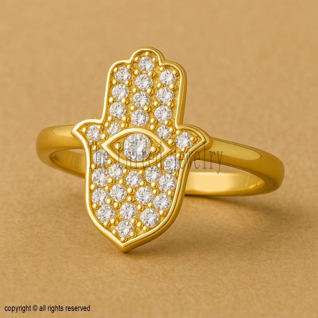 Gold Hamsa Hand Ring with Evil Eye – 925 Sterling Silver, Cubic Zirconia Protection Jewelry