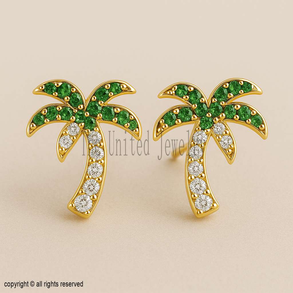 Gold Plated Sterling Silver Palm Tree Stud Earrings: CZ Tropical Jewelry