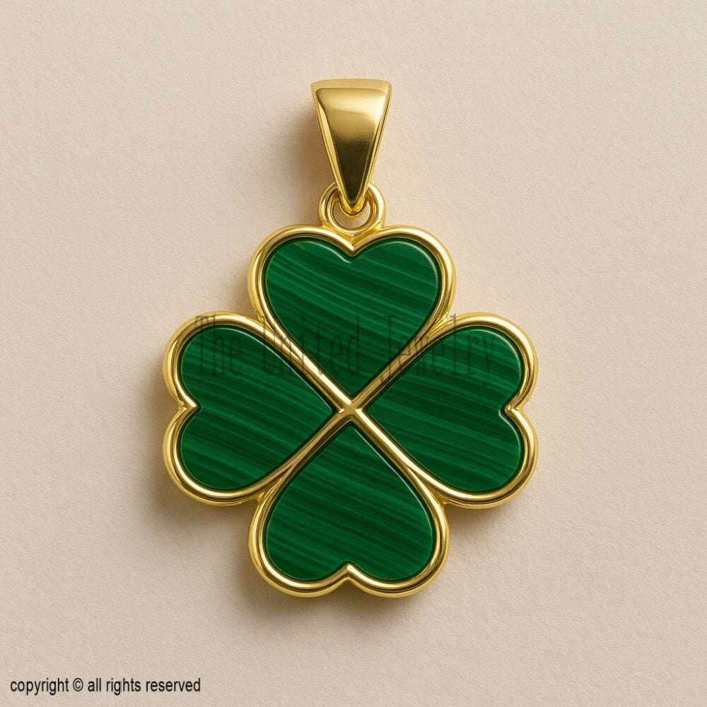 Gold Four Leaf Clover Pendant with Malachite – 925 Sterling Silver Lucky Charm Necklace