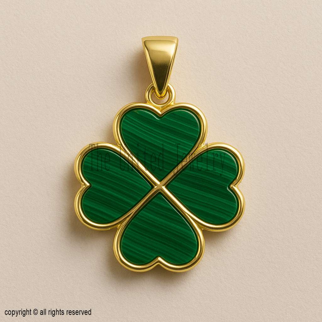Gold Four Leaf Clover Pendant with Malachite – 925 Sterling Silver Lucky Charm Necklace