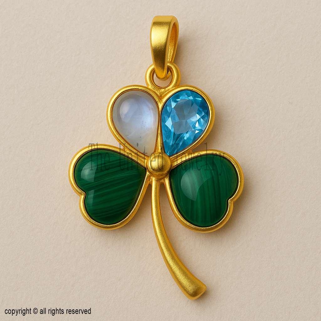 Gold Plated Sterling Silver Clover Pendant: Malachite, Topaz & Moonstone