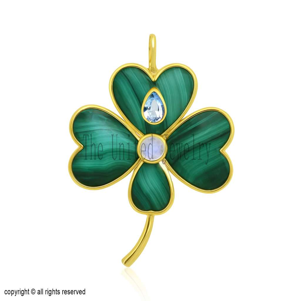 Gold Plated Sterling Silver Clover Pendant: Malachite, Topaz & Moonstone