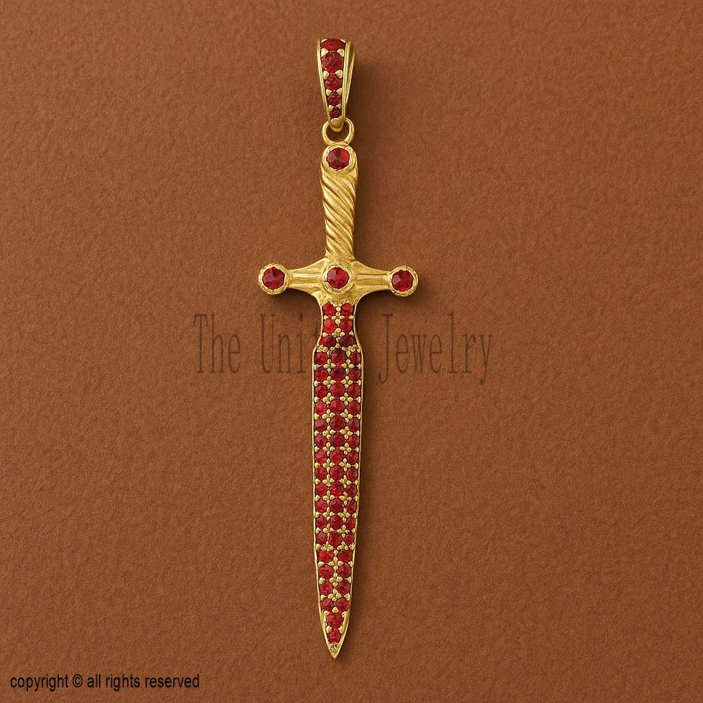 925 Sterling Silver Sword Pendant | Gold Plated Medieval Dagger Charm with Red Stones