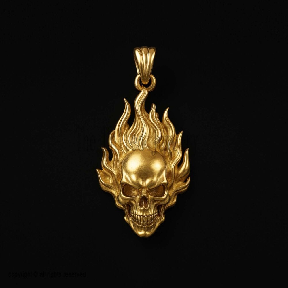 Gold Plated 925 Sterling Silver Flaming Skull Pendant Necklace, Fire Skull Charm