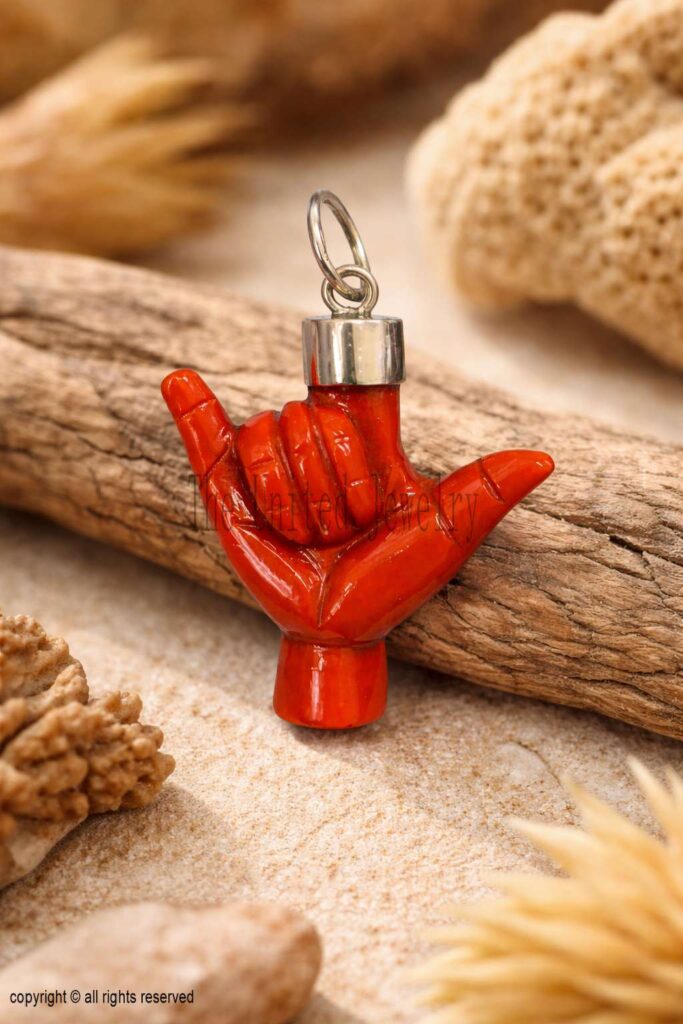 Sterling Silver Shaka Hand Pendant: Gold Plated Coral , Hang Loose Jewelry