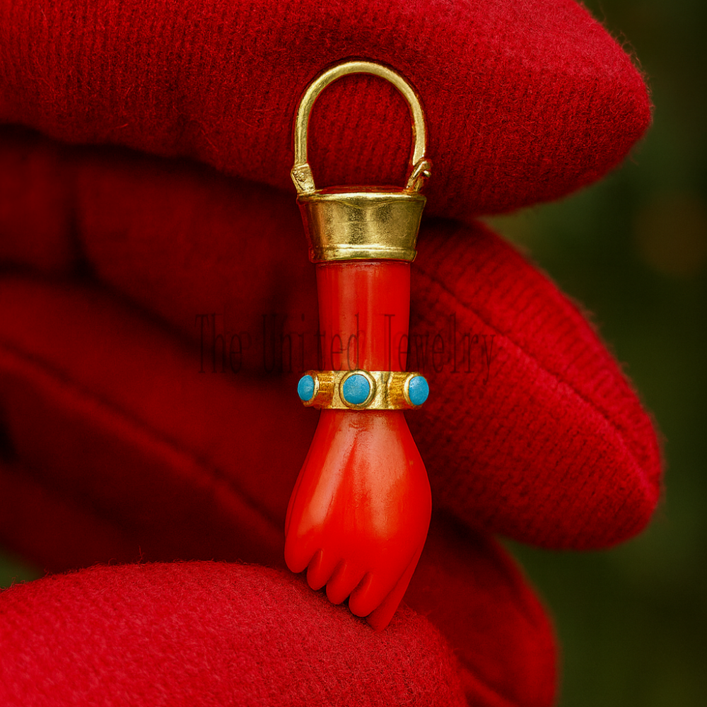 Handmade Carved Coral & Turquoise Figa Hand Lucky Charm Pendant 925 Sterling Silver Jewelry