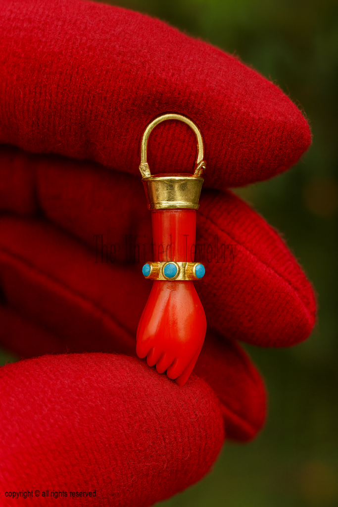 Handmade Carved Coral & Turquoise Figa Hand Lucky Charm Pendant 925 Sterling Silver Jewelry