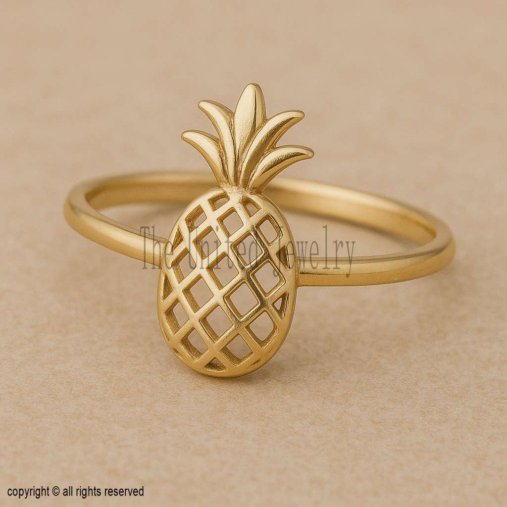 Gold Pineapple Ring – 925 Sterling Silver, 18K Gold Plated Tropical Fruit Jewelry