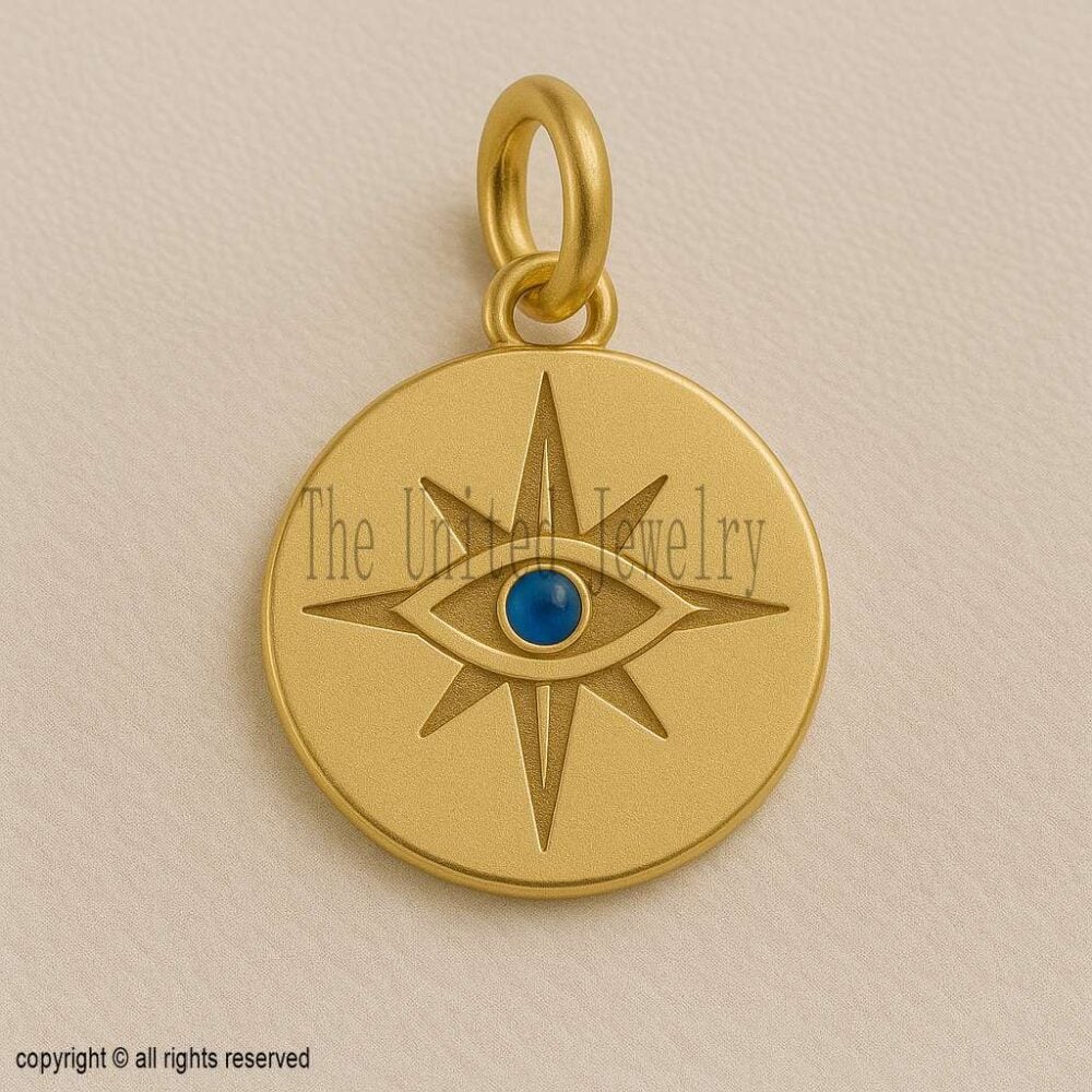 Gold Plated Sterling Silver Compass Star Evil Eye Pendant
