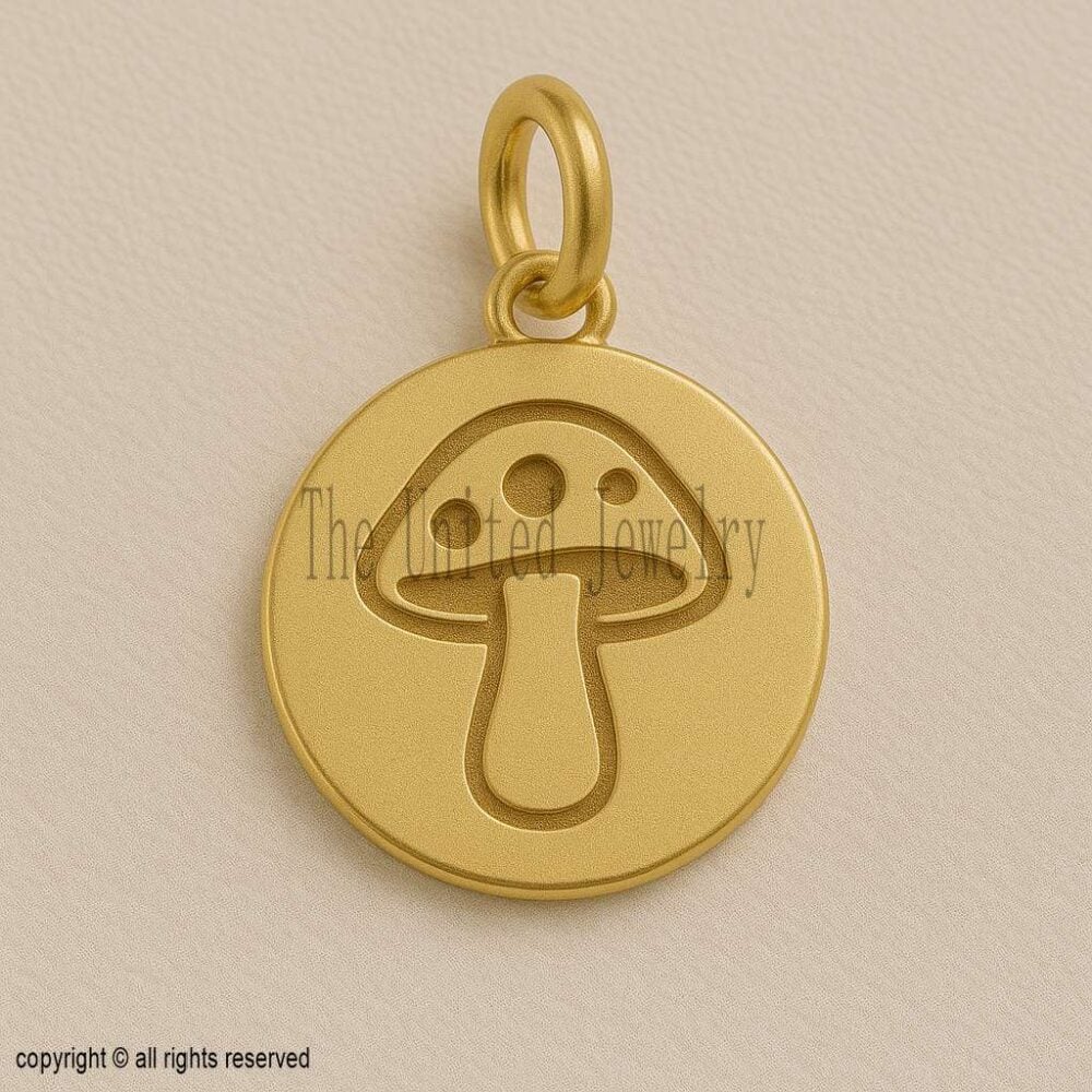 Mushroom Pendant – 18K Gold Plated 925 Sterling Silver Round Medallion, Boho Nature Charm Necklace