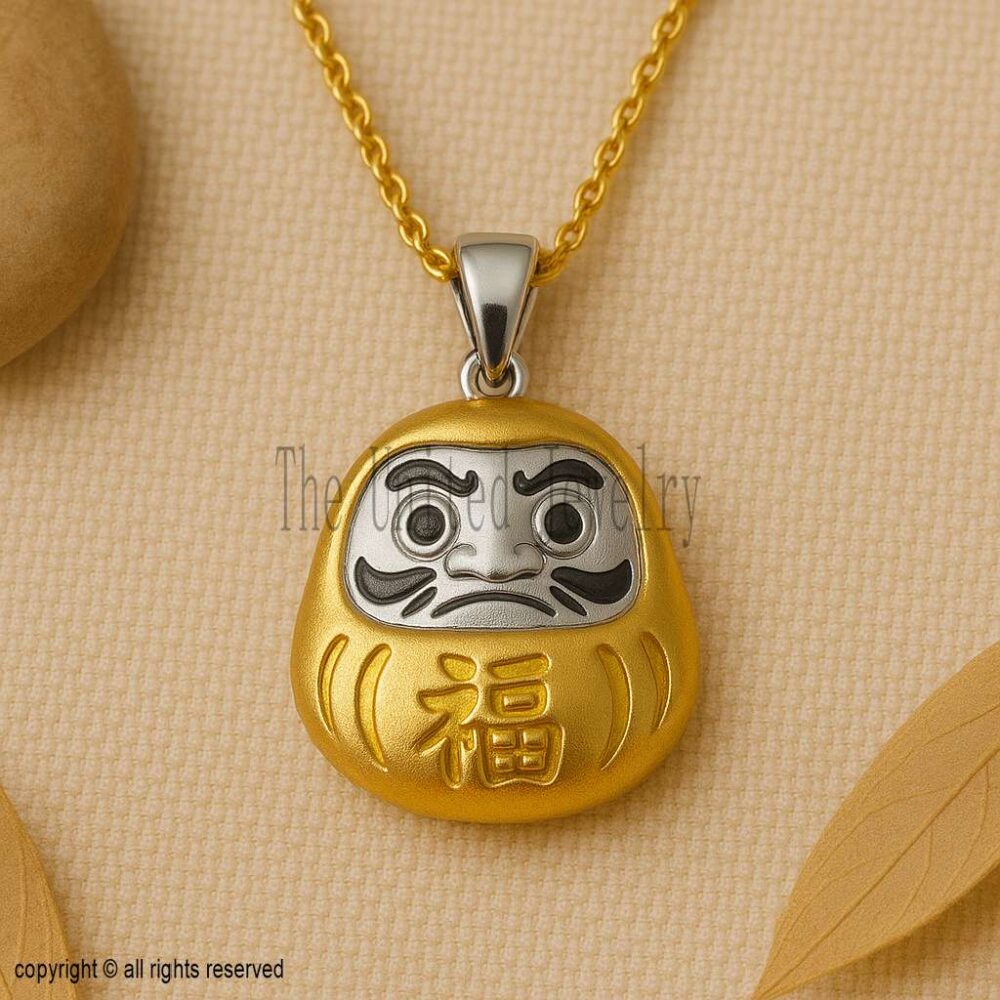 925 Sterling Silver Daruma Doll Pendant | Two Tone Gold & Silver Japanese Lucky Charm Necklace