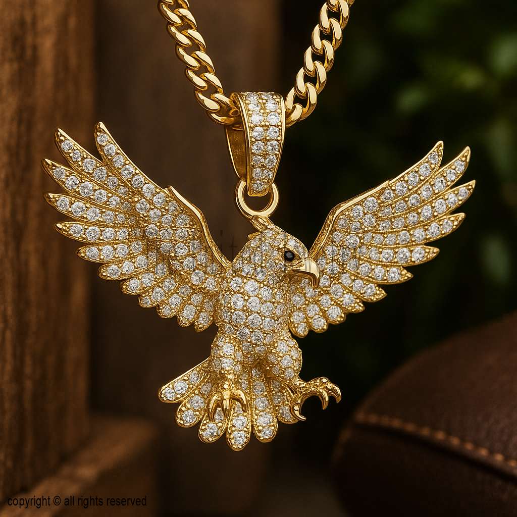 925 Sterling Silver Eagle Pendant | Gold Plated Bird Necklace with Moissanite Stones
