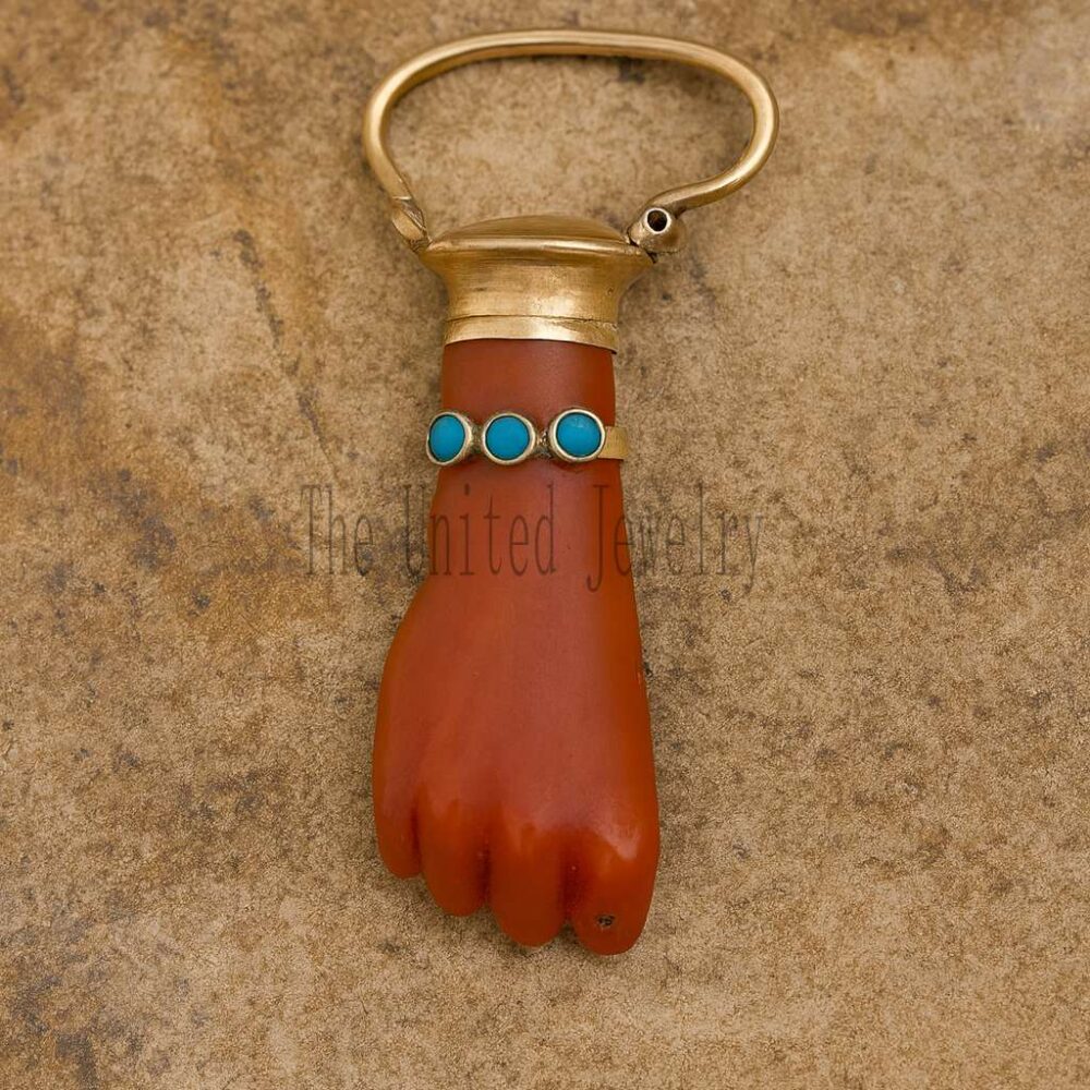 Vintage Coral Figa Hand Pendant: Sterling Silver Turquoise Amulet
