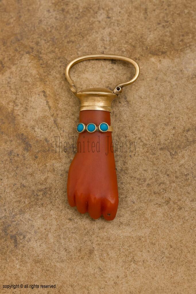 Vintage Coral Figa Hand Pendant: Sterling Silver Turquoise Amulet