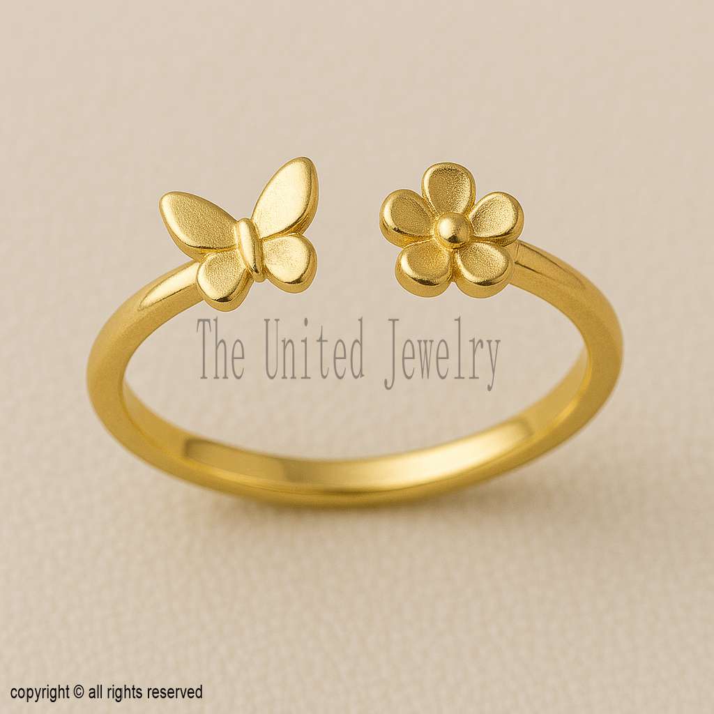 Gold Plated Sterling Silver Butterfly Flower Ring - Adjustable Open Band