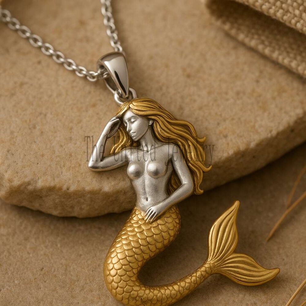 Two-Tone Mermaid Pendant: 925 Sterling Silver & Gold Nautical Necklace
