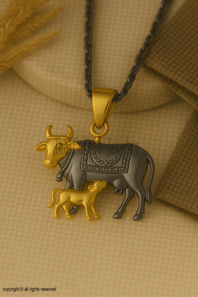 Sterling Silver Kamdhenu Cow & Calf Pendant Necklace: Two-Tone Hindu Jewelry