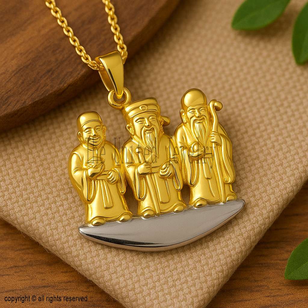 Two-Tone 925 Sterling Silver Fu Lu Shou Pendant Necklace