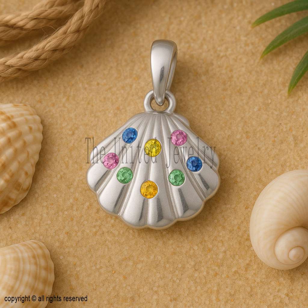 925 Sterling Silver Seashell Pendant with Multicolor Gemstones