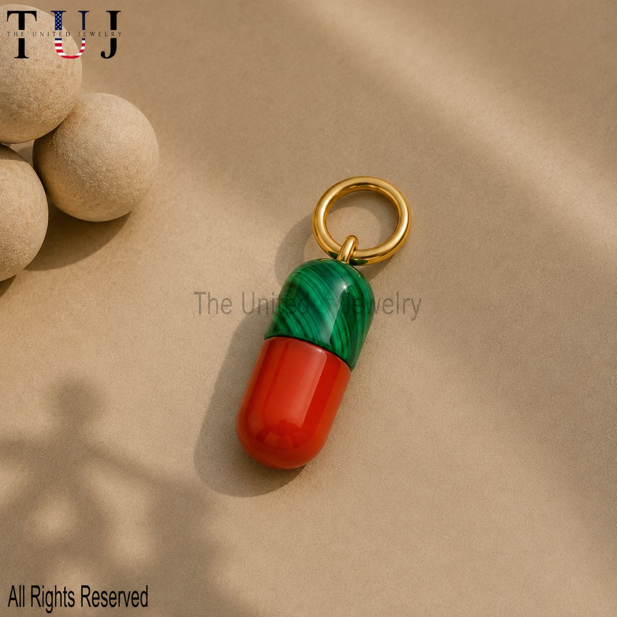 Malachite Carnelian Pendant: Gold Plated Sterling Silver Capsule Charm