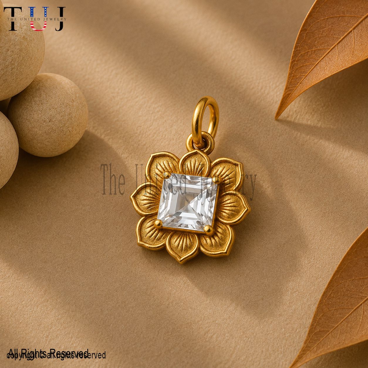 Gold Plated Sterling Silver Lotus Pendant: Princess Cut Moissanite Charm