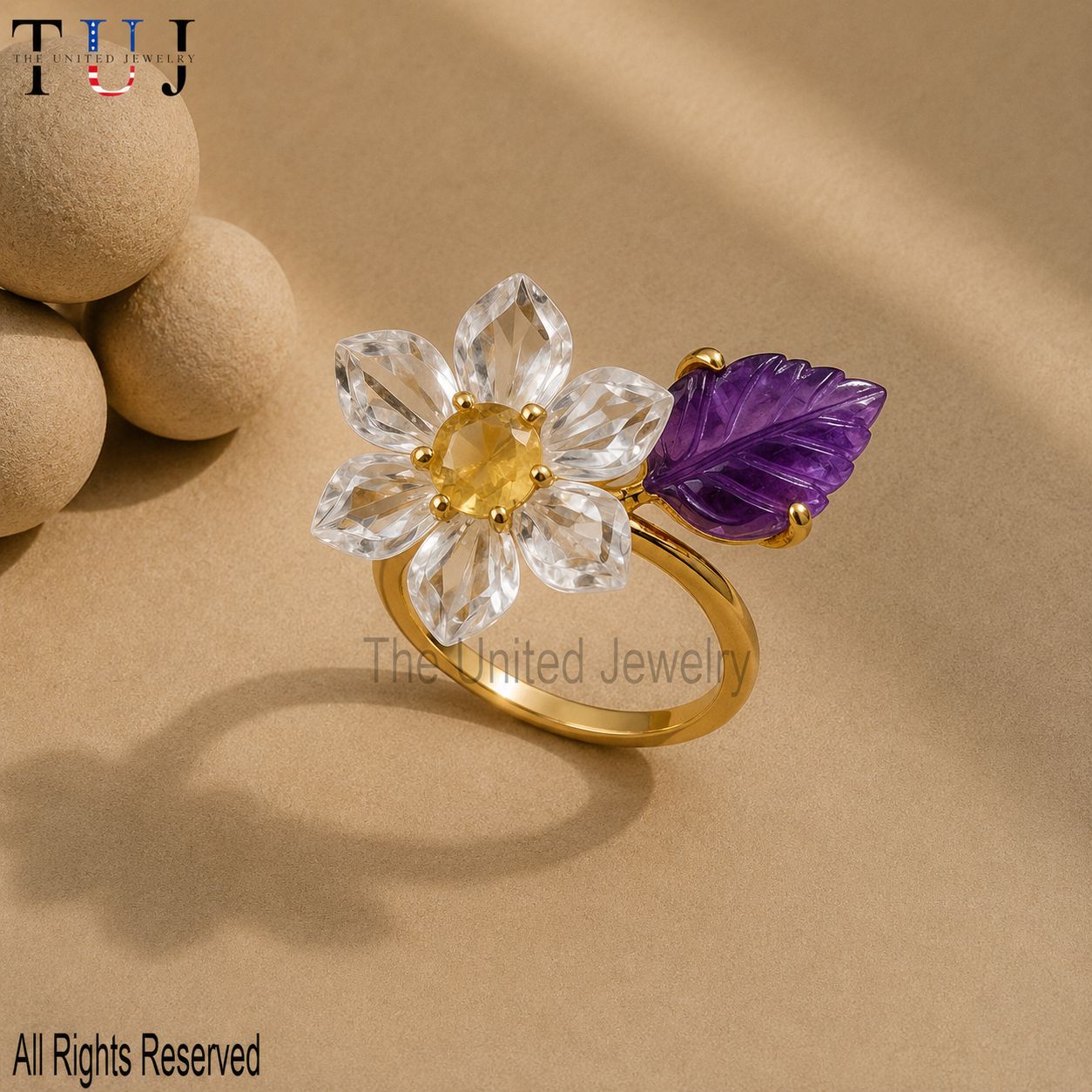 Gold Plated Sterling Silver Floral Ring: Crystal Quartz, Amethyst Leaf