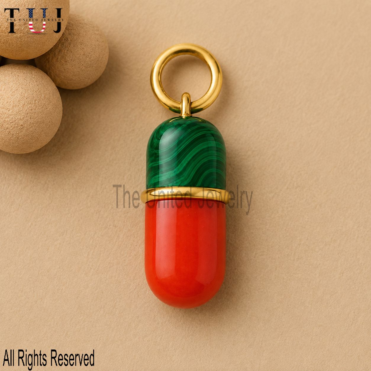 Malachite Carnelian Pendant: Gold Plated Sterling Silver Capsule Charm