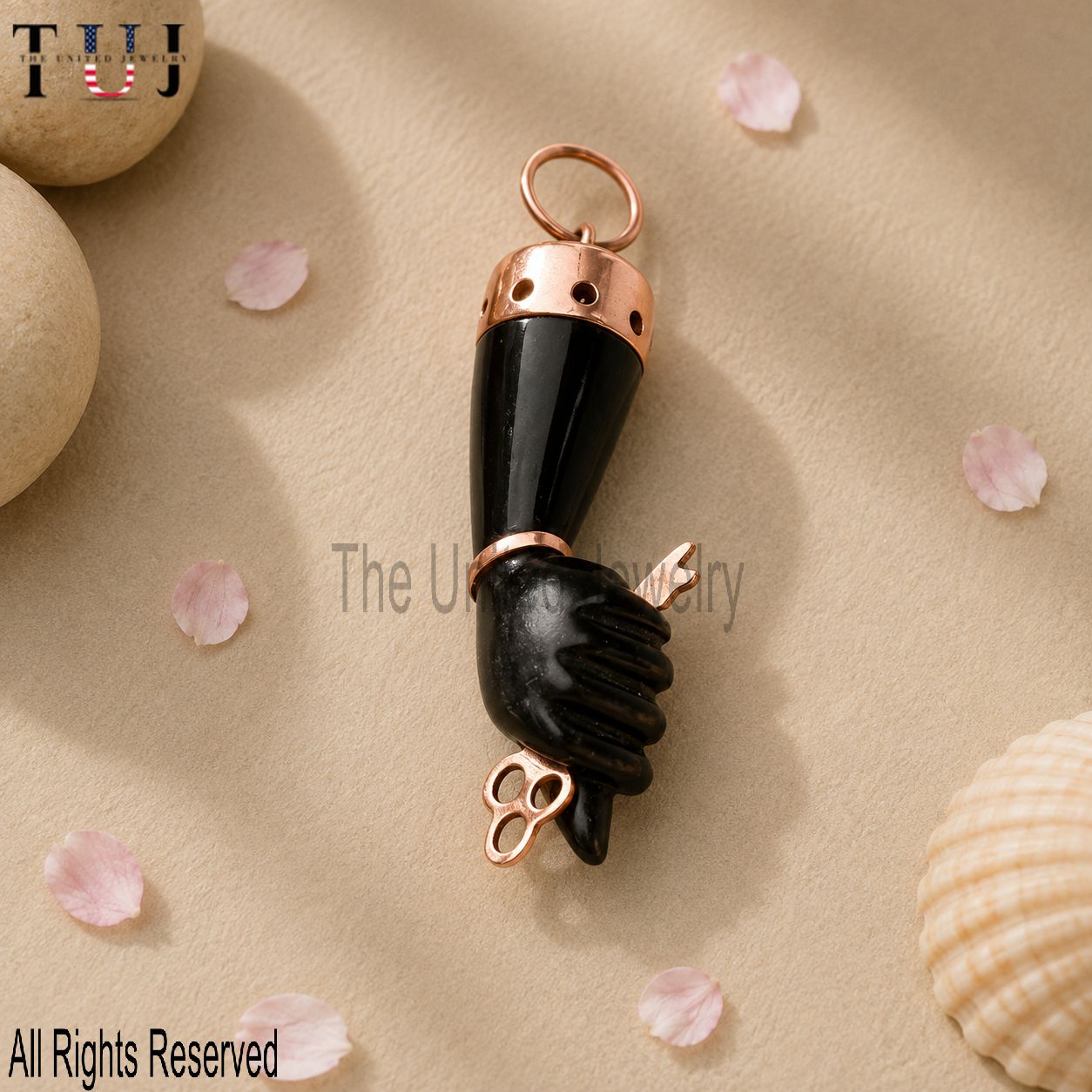 Sterling Silver Black Onyx Figa Hand Pendant: Good Luck Amulet
