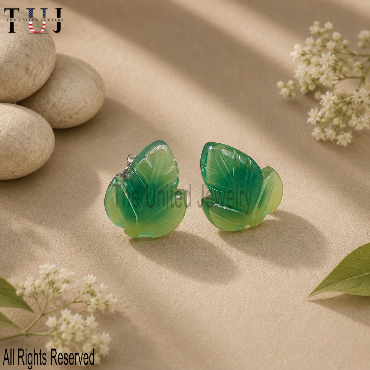 Handmade Carving Green Onyx Leaf Stud Earrings In 925 Sterling Silver